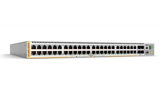 Allied Telesis 48-Port PoE+ 10/100/1000T Stackable L3 Switch with 4 x SFP+ ports and 2 Fixed Power Supplies, UK Power Cord